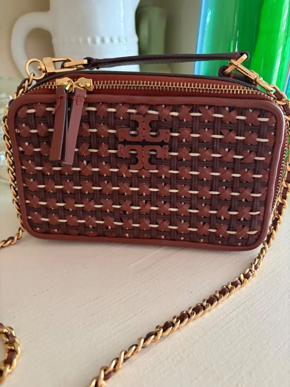 TORY BURCH Britten Woven Small Top Handle Case Bag Brown Gold Crossbody